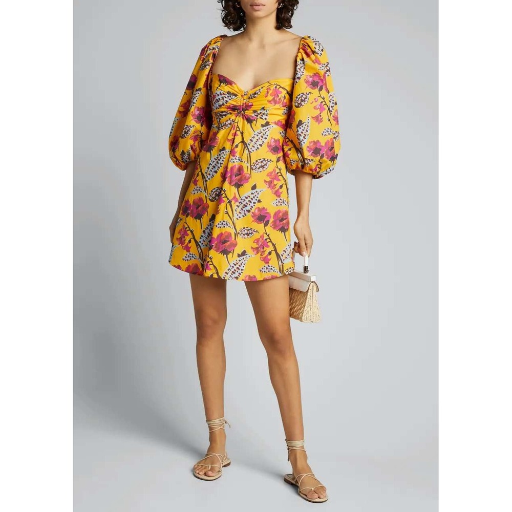 A.L.C. Elle Floral Puff Sleeve Mini Dress Yellow Sweetheart Smocked Back Size 14